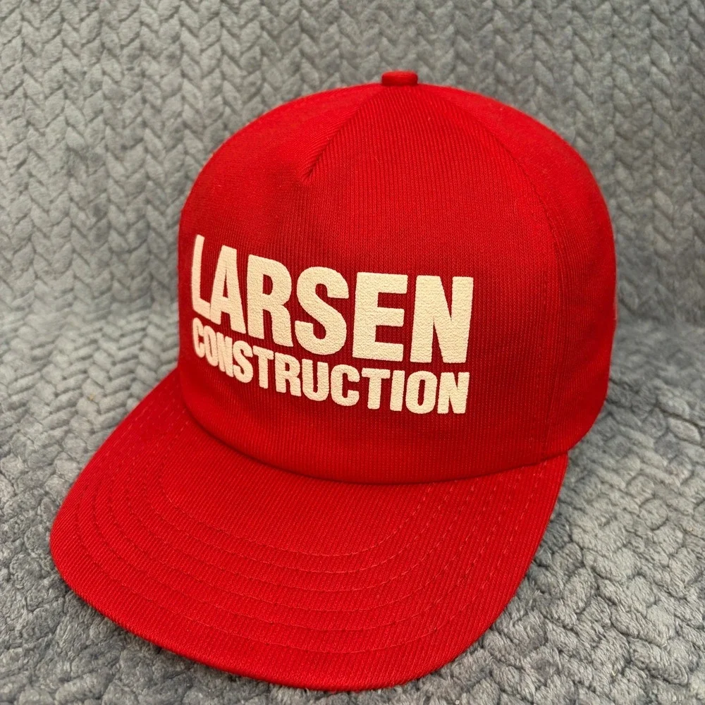 Vintage Larsen Construction Red Trucker Hat Snapback Cap Adjustable Workwear